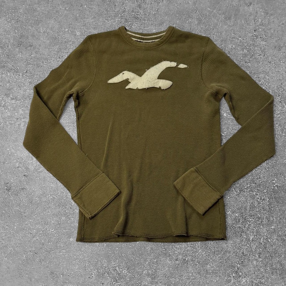 Hollister Co Mens Olive Green Waffle Knit Thermal Long Sleeve Seagull Logo M